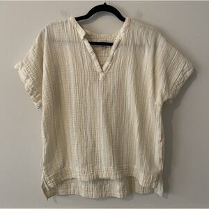 LL Bean Womens Striped Cotton Gauze Popover Top Cream Size L Resort Boho Casual